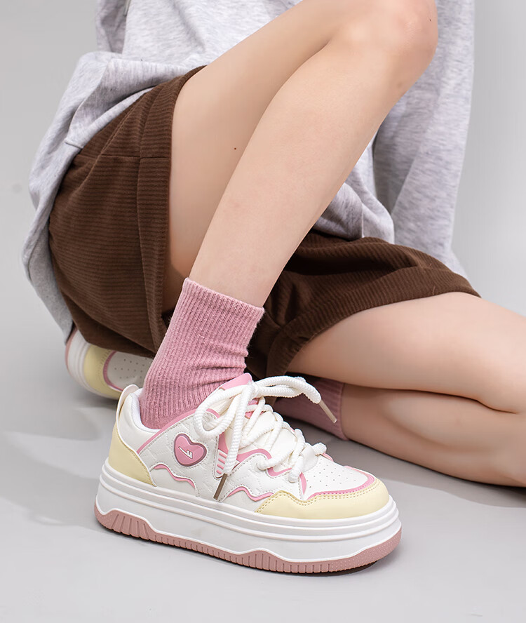 Huili Spring Women's Shoes, Dopamine Versatile Thickened White Sneakers K827Z, White/yellow/pink, Size 35 10