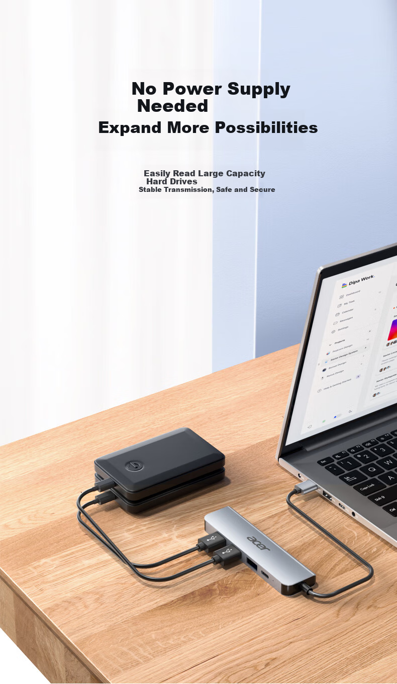 Acer USB3.0 Hub Expansion Dock, High-Speed 4-Port Hub Adapter for Laptops, Multi-Port Converter, Extension Cable with Type-C Power Supply 3