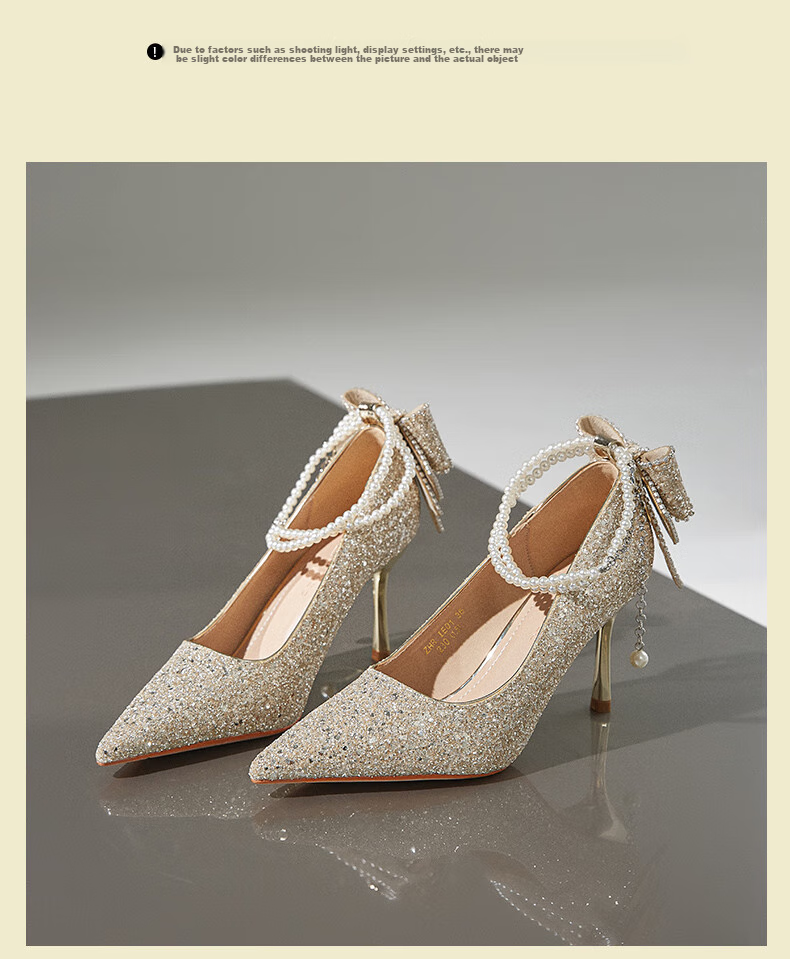 ZHR High Heels for Women, Fairy Crystal Wedding Shoes, Pearl Pointed Toe Shoes, Thin Heel Shallow Mouth Pumps, Suitable for Dresses, IE01 Silver Color, Size 39 19