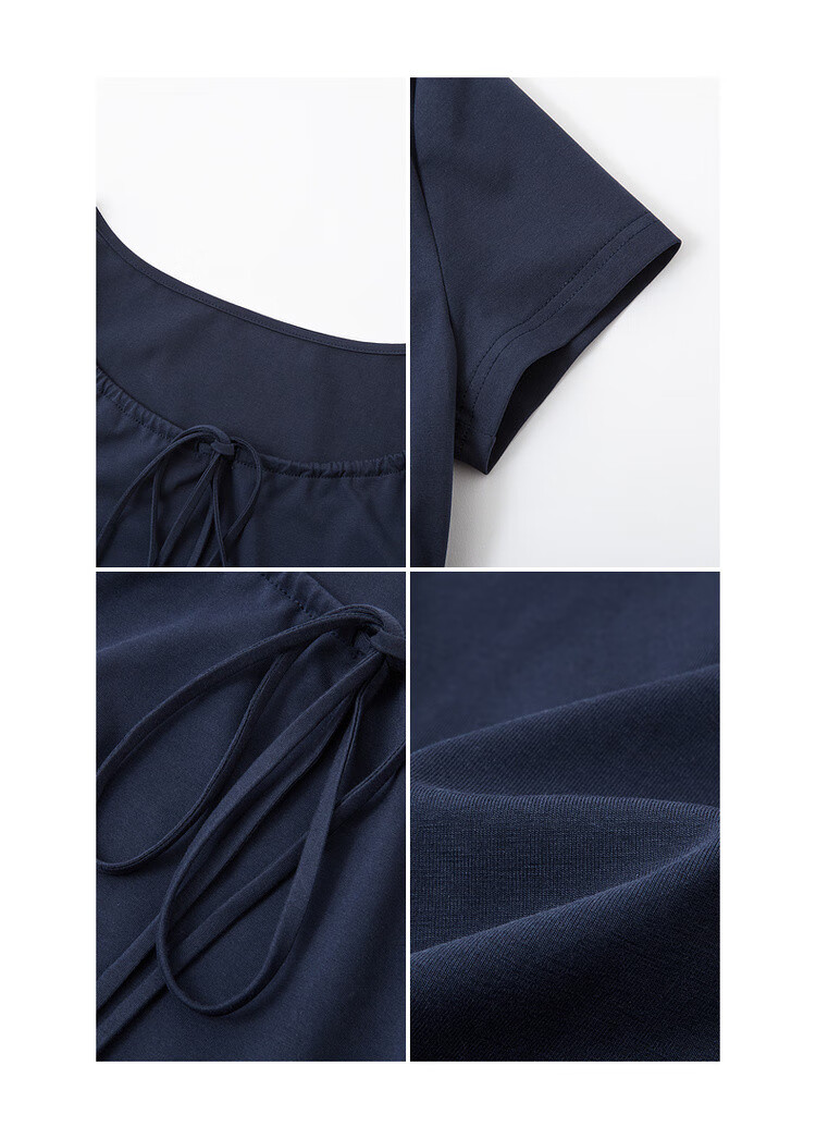 Dme [American College Style] Summer Simple Large U-Neck Tie Elastic Cotton Spandex Short-Sleeve A-Line Mid-Length Women's Dress 4