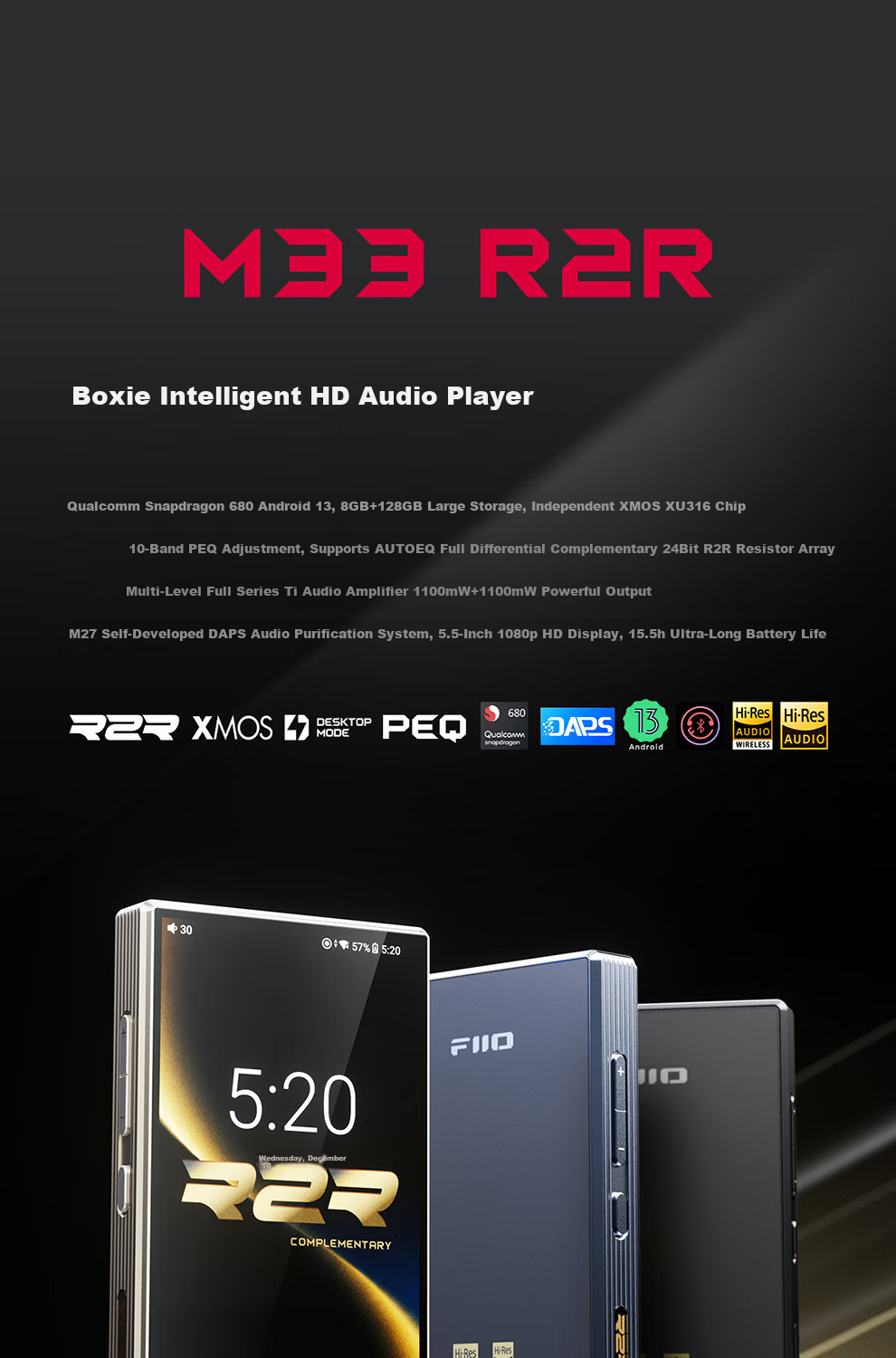 FiiO M33 R2R HiFi Player MP3 Lossless Music Android Portable Bluetooth WiFi Balanced DSD Decoder Player Black (8GB+128GB) 1