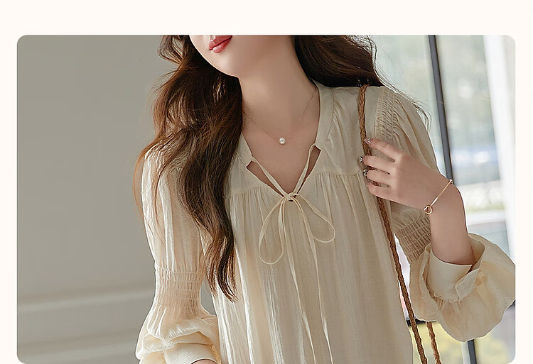 Dme [Fujia Qianjin] Spring And Autumn V-Neck Palace Sleeve Tie-Waist Adjustable Lady's Dress, Short Style 2