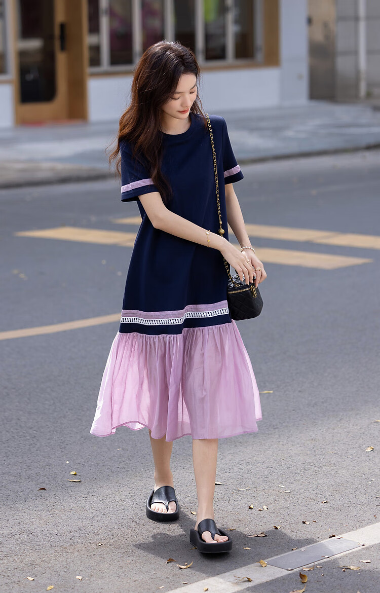 Demana [215G Pique Mesh] Summer Relaxed Fit Commuter Crew Neck Short Sleeve Color-Block Trim Women's Dress 9