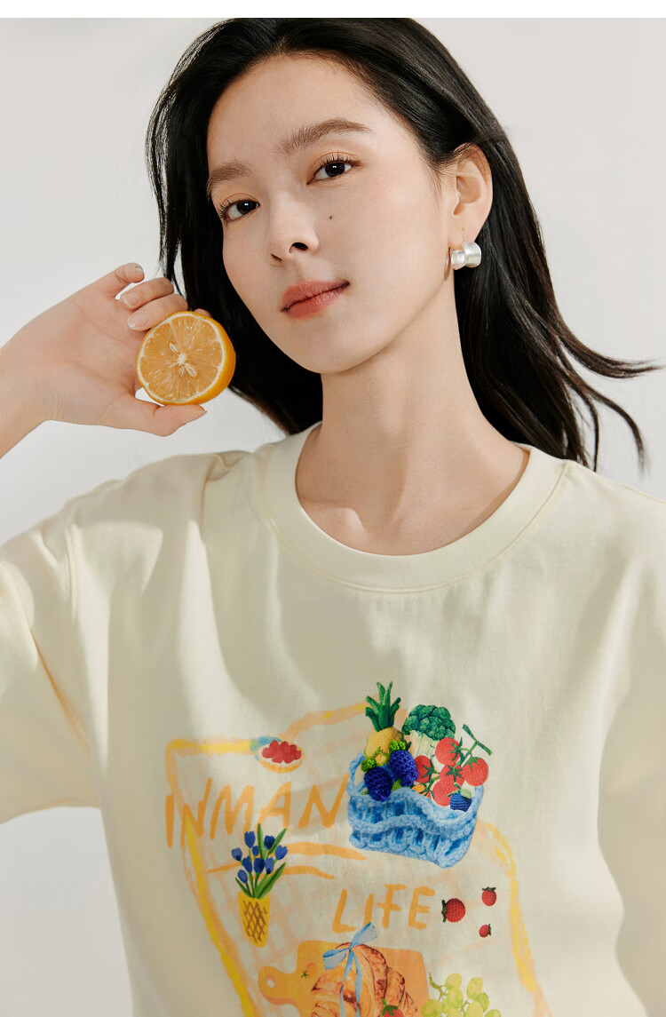 INMAN Casual Printed Pure Cotton T-Shirt, Women's Versatile Loose Short-Sleeve Top for Summer 2026, Light Apricot Color, Size M 7