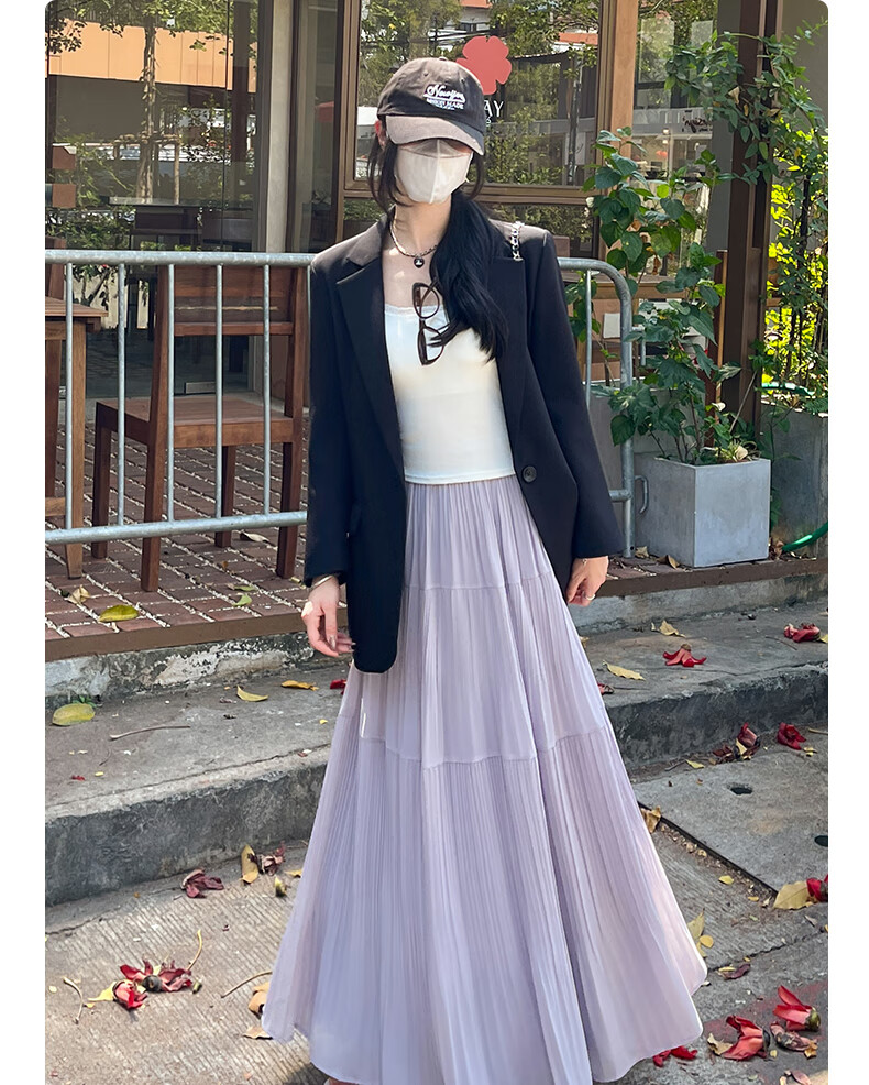 LangSha Qixi Early Autumn Gentle Wind Purple Half Skirt Women's New High Waist A-line Skirt High-end Pleated Skirt Mid-length Skirt 1