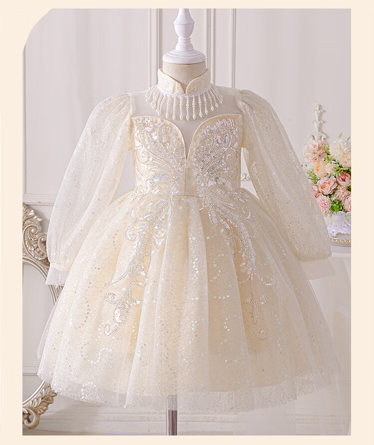 LUOBOBEIBEI Children's Princess Dress, Spring And Summer Puffy Skirt, Stylish Formal Dress, Tulle Skirt for Girls' Wedding And New Year's Outfit, Champagne Color, Size 110 5