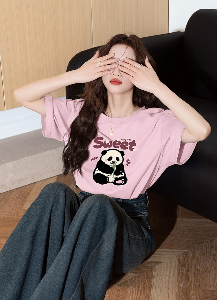 TonLion 2025 Summer Women's Knitted Front Chest Cartoon Panda Short-Sleeve T-Shirt, Apricot Color, Size L 1
