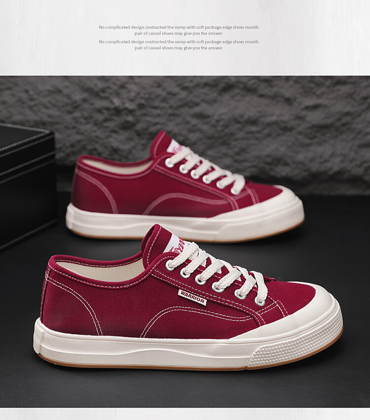 Warrior Official Canvas Shoes, Men's Summer Low-Top Versatile Classic Casual Sneakers, Men's Skateboard Shoes, Wine Red, Size 40 14