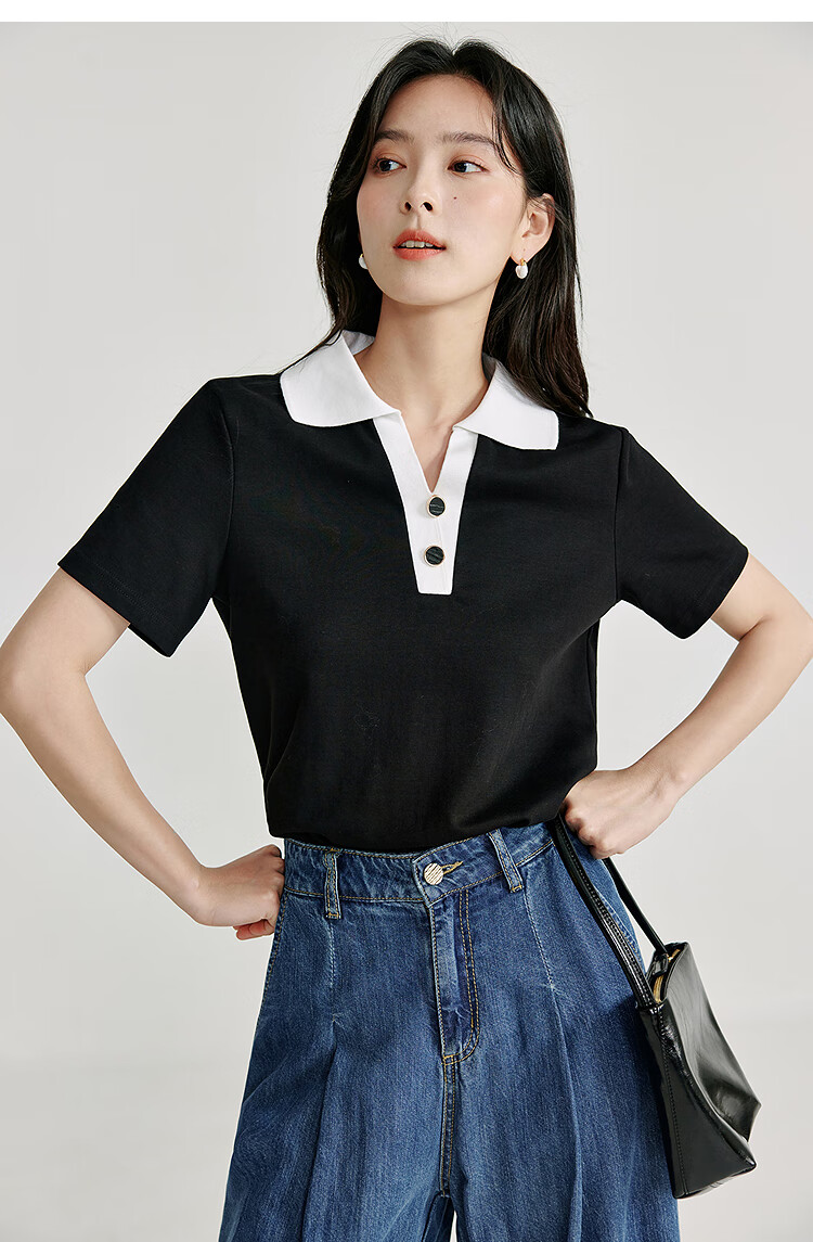 Inman Casual Striped Shoulder T-Shirt Summer Women's Design Polo Collar Slim Fit Short Sleeve Star Black XL 9