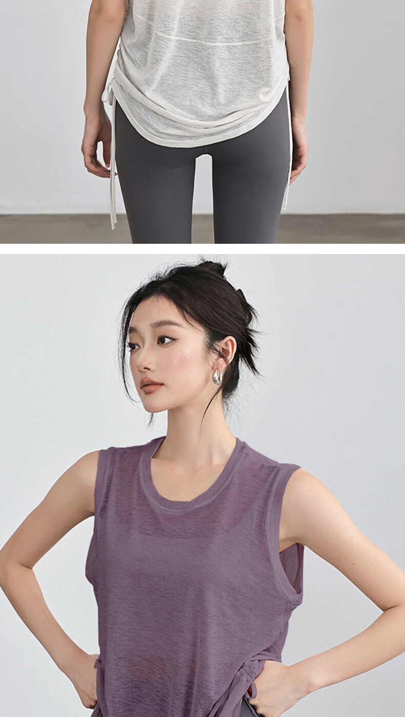 Free Style Women's Sports Short Sleeve Running Quick-Dry Loose Sleeveless Drawstring Top T-Shirt Pilates Yoga Fitness Cover-Up Spring Summer 10
