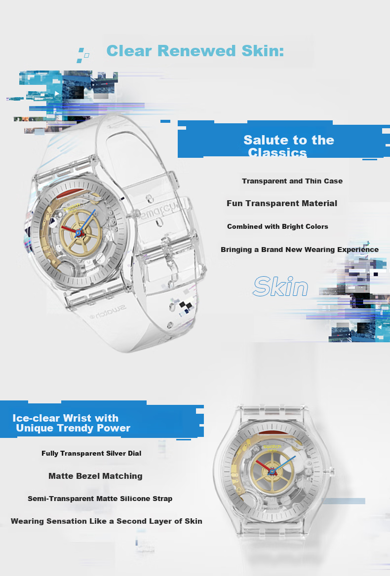 Swatch Swiss Watch, Skeleton Transparent Trendy Quartz Watch, Holiday Gift, Clear New Series New Gent 8