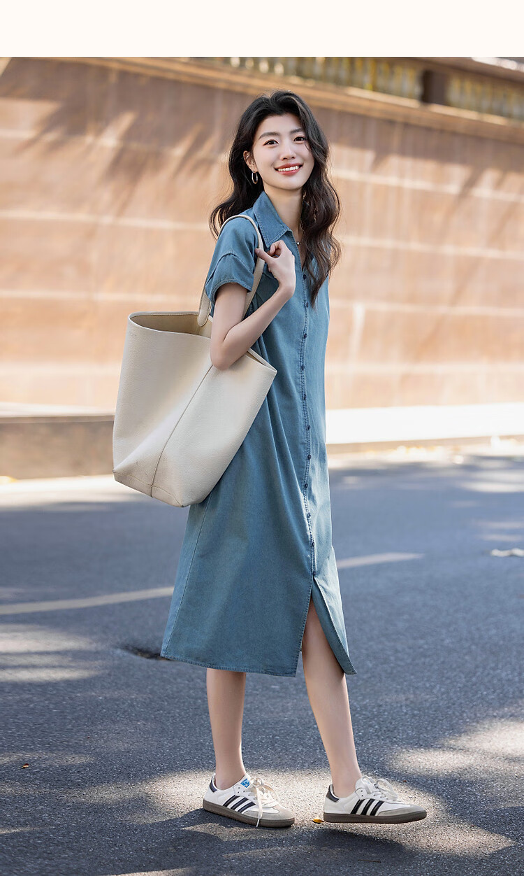 Dme Practical Summer Simple Style Lapel Cloud Cotton Loose Comfortable Short Sleeve Women's Denim Dress 10