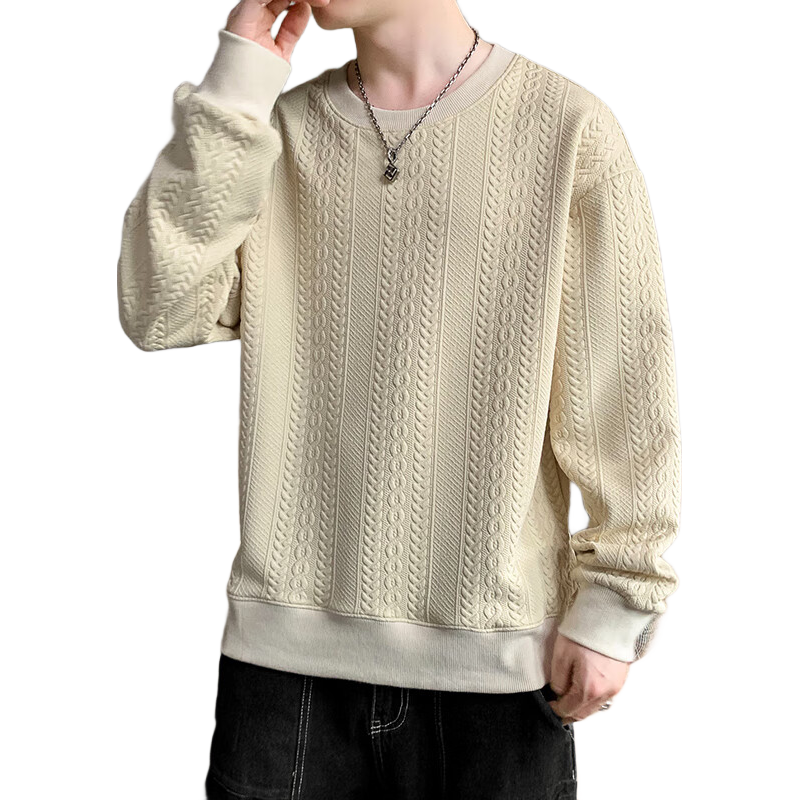 Dingfengbaoluo Men's Long-Sleeve T-Shirt, Spring Versatile Fashion Jacquard Sweatshirt, Loose Trendy Top, JE2221 Beige M