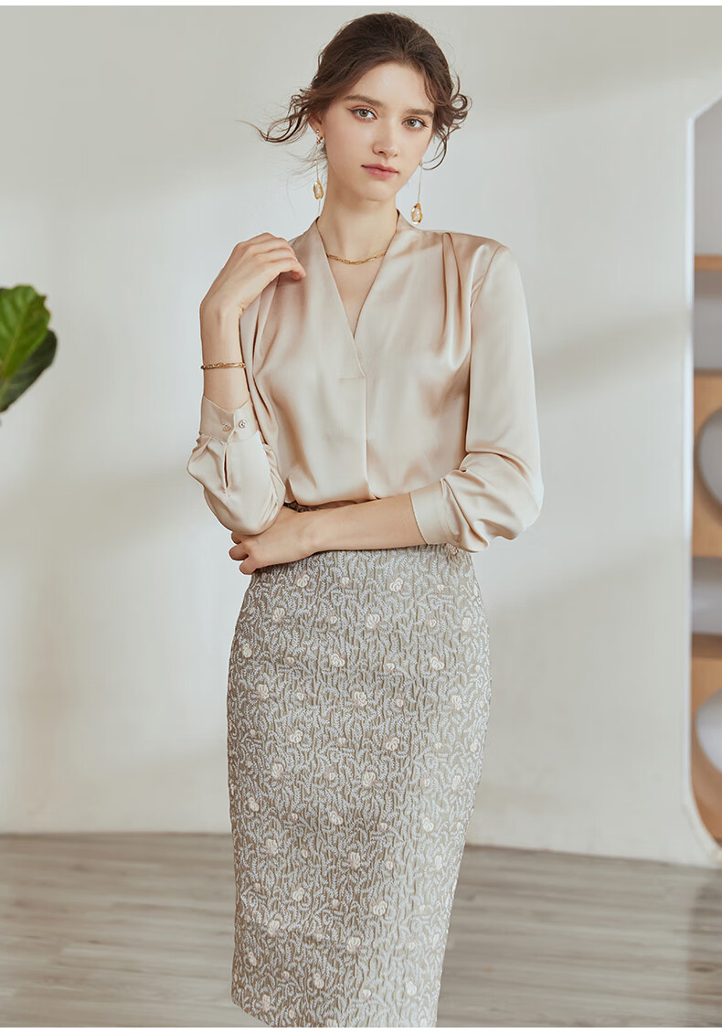 ROEYSHOUSE Satin Shirt for Women 2025 Summer Elegant V-Neck Long Sleeve Top Apricot M 6