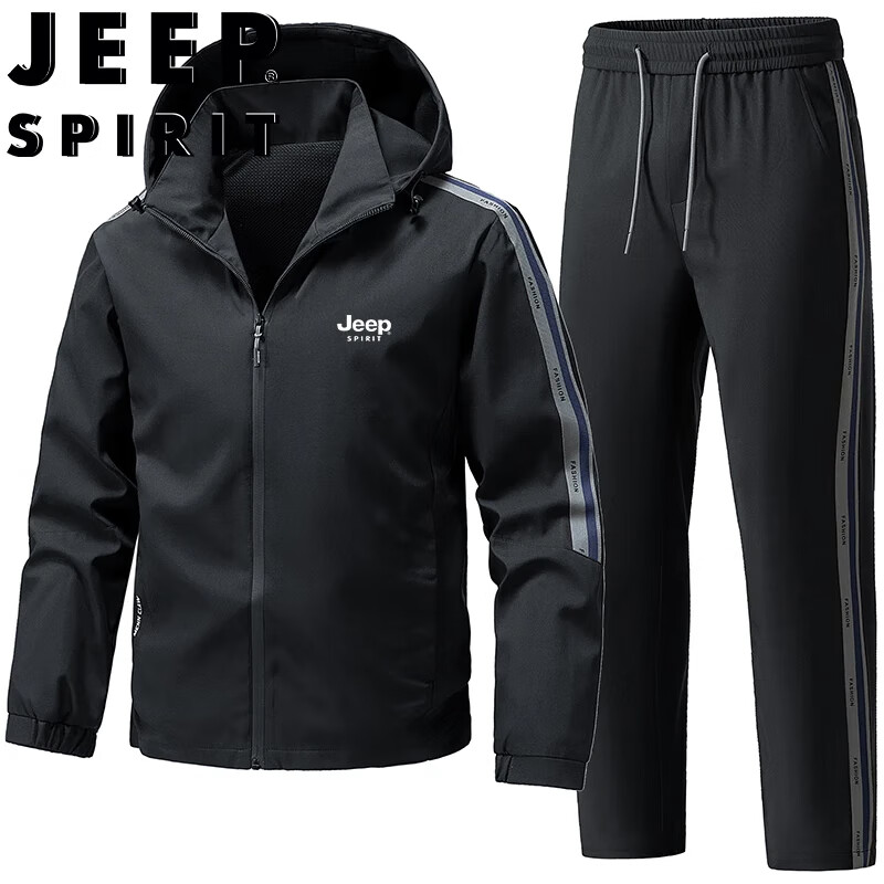 JEEP SPIRIT Men's Spring And Autumn Set, Cardigan Jacket with Sports Pants, Outdoor Two-Piece Suit, Black, Size M