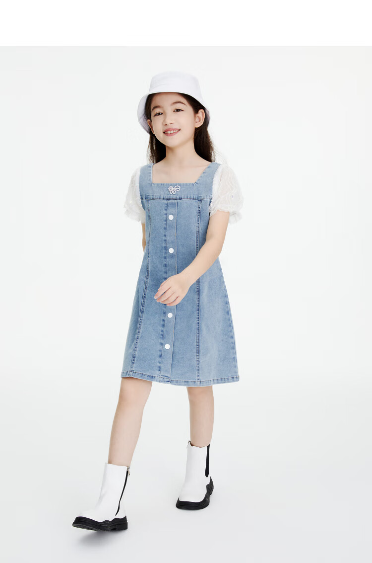 Annil Girls' Summer Dress, New Stylish Short-Sleeve Denim Skirt with Puff Sleeves for Trendy Little Girls 3