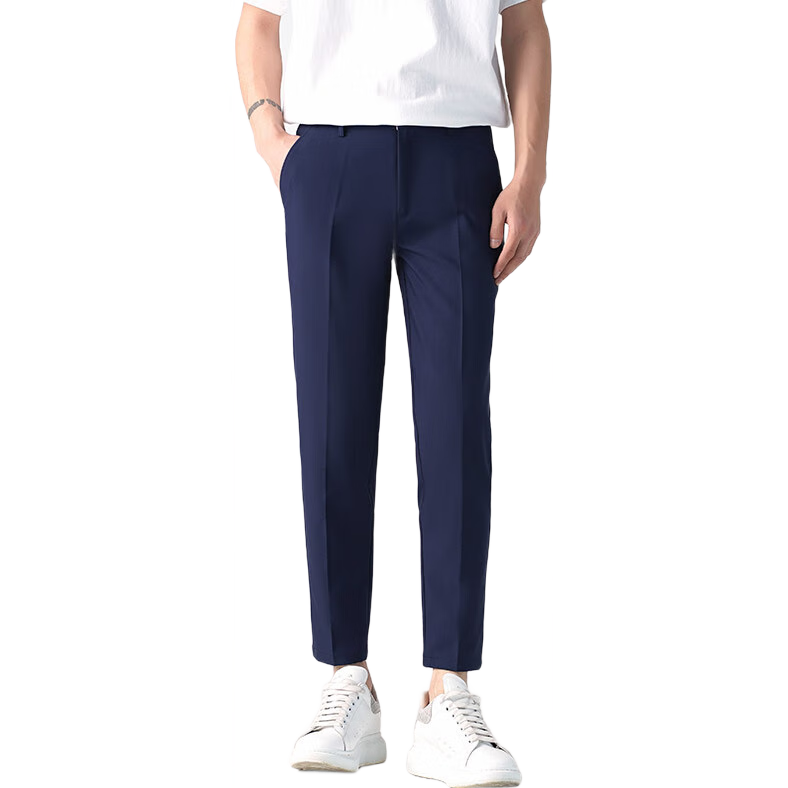Dingfengbaoluo Men's Suit Pants, Summer Business Formal Wear, Straight-Leg Casual Versatile Slim-Fit Wrinkle-Resistant Nine-Tenths Pants, AM503 Navy Blue, Size 36
