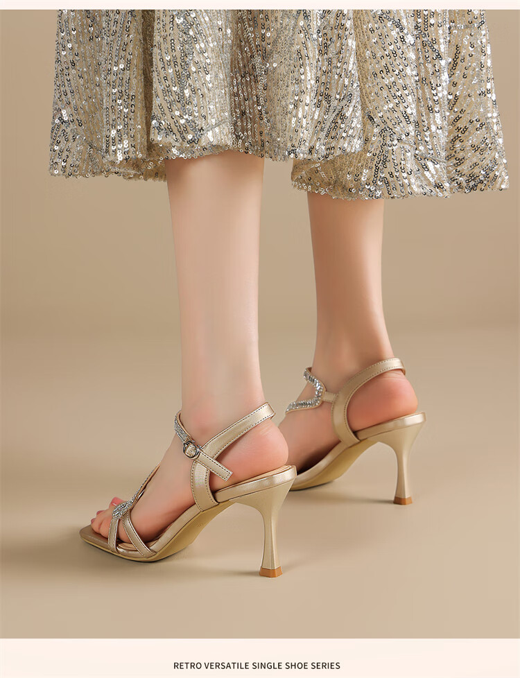 DAPHNE Women's Sandals New Summer Thin Heel Rhinestone Fairy Style High Heel Slippers Gold Size 38 11