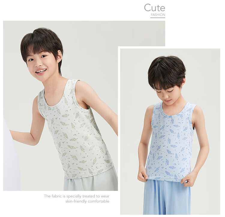 THREEGUN Children's Vest, Pure Cotton, 3A Antibacterial, for Boys And Girls, Young Children, Round Neck Vest, Cyan Green, Size 110 11