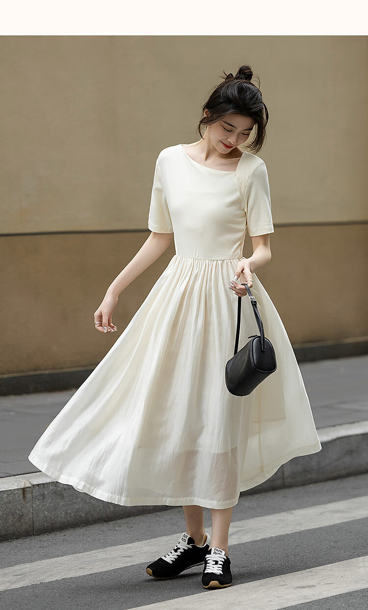 Dme [Fresh And Smart] Spring Urban Minimalist Style Irregular Design Patchwork Waist-Cinching Short-Sleeve Women's Dress 6