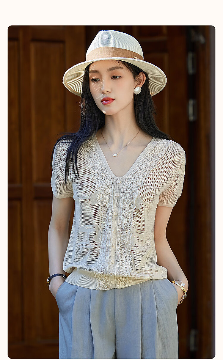Dme [Cool And Elegant Outfit] Summer French V-Neck Lace Trim Sweater Jacquard Comfortable Knit Top for Wome 2