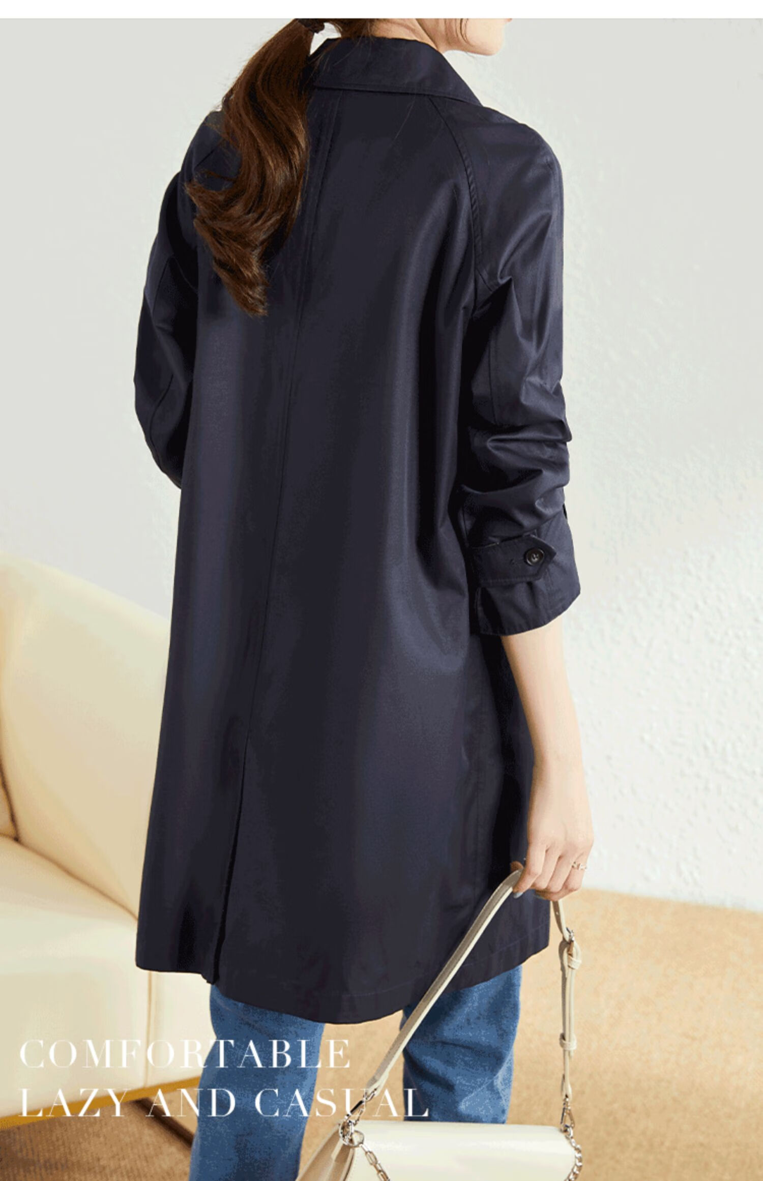 AOTUN British Style Women's Mid-Length Trench Coat Korean Version Slim Straight Jacket AT2359 Navy XXL 19