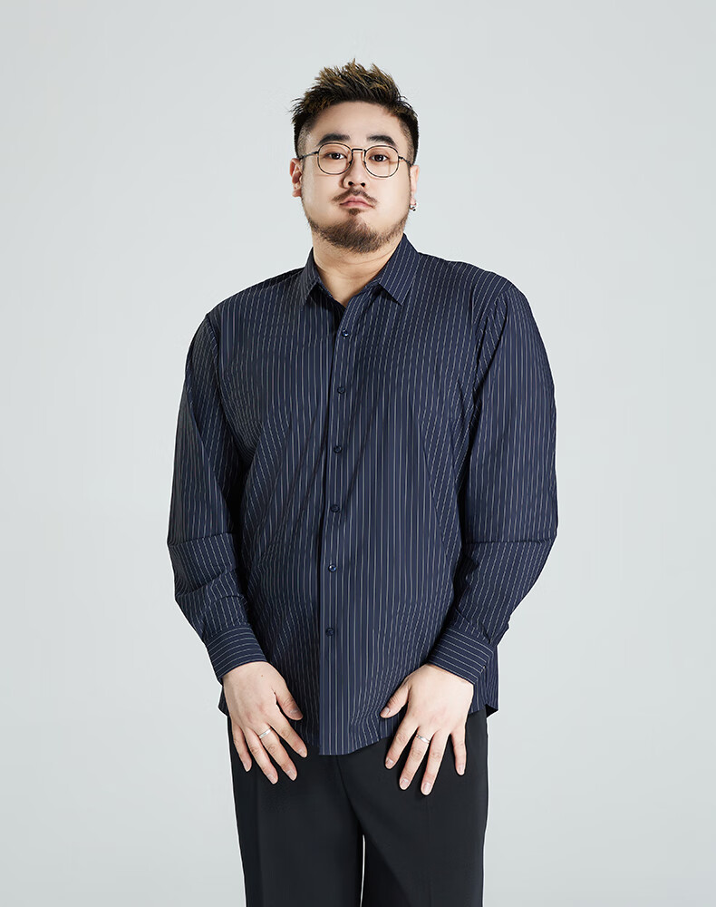 Ayoupang Summer Plus Size Pullover Striped Long-Sleeve Shirt, Loose Fit for Chubby Men, Ice Silk High-Elasticity Wrinkle-Resistant Non-Iron Shirt 15