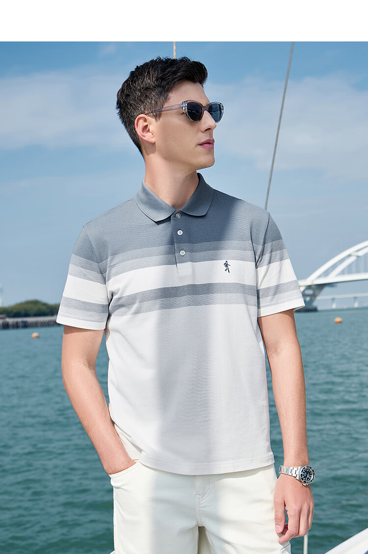 DANCING WOLVES [7A Antibacterial & Pure Cotton] Summer Fashion Striped Short-Sleeve Men's Polo Shirt, 113 Light Blue, XL(180) 7