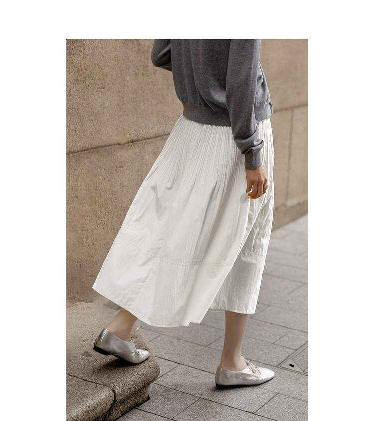 Dme [Lingdong Muxi] Spring French Cloud-Feel Cotton Elastic Waist Pleated A-Line Breathable Midi Skirt for Wome 14