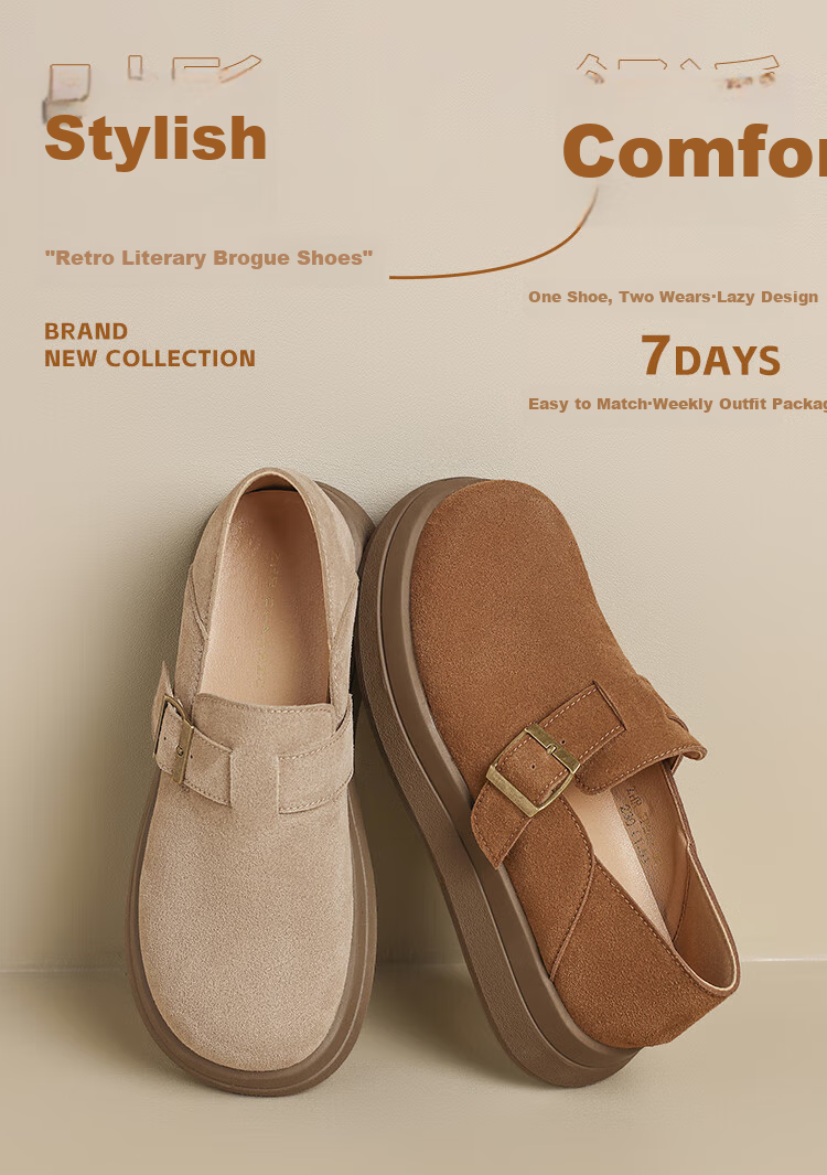 ZHR Thick-Soled Birkenstock-Style Shoes for Women, Retro Full-Coverage Round Toe Casual Women's Shoes, Lightweight Slip-On Flats JF202 Khaki 37 1