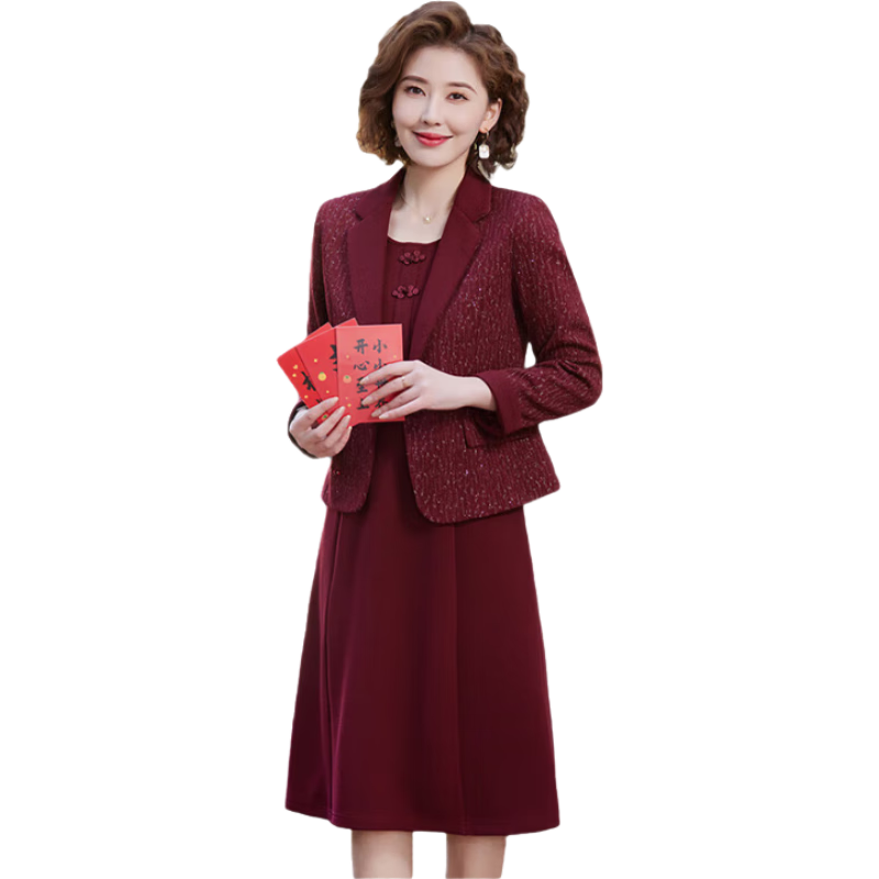 Yuzhaolin Middle-aged and Elderly Women's New Year Red Mom Dress Set Elegant Lady Formal Outfit Y51K109