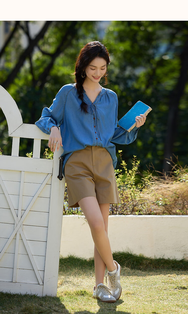 Dme [100 Lyocell] Autumn Lightweight Breathable Tie-Up Decorative Button Shirt, Loose Denim Blouse, Women's Top 11