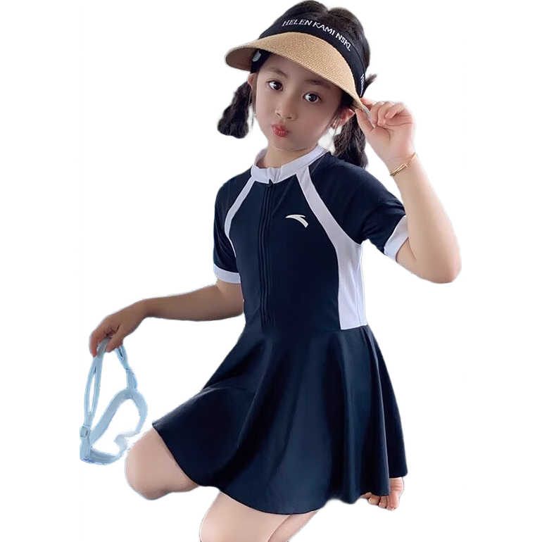 ANTA Children's Swimsuit, New Style for Girls, One-Piece for Young And Middle School Students, Conservative Swimwear, Black, Size 110