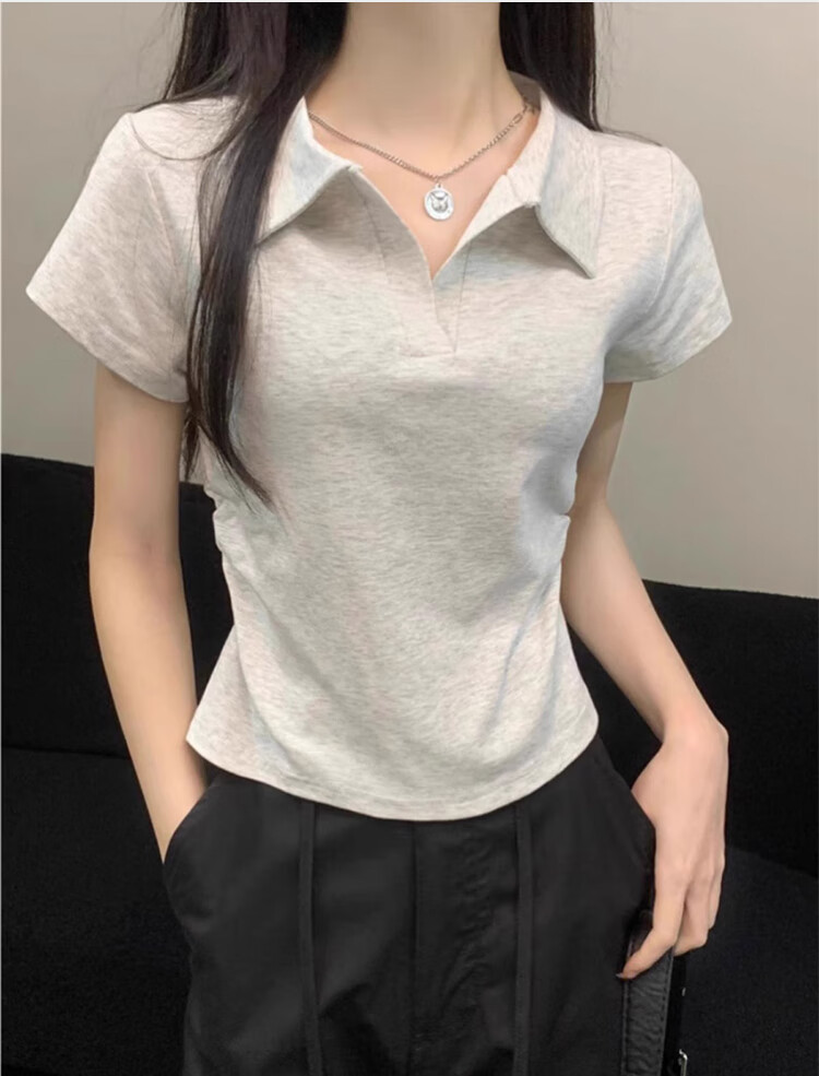 Langsha Women's Short Sleeve V-Neck T-Shirt Summer Fashion Versatile High-End Black Slim Fit Crop Top 12