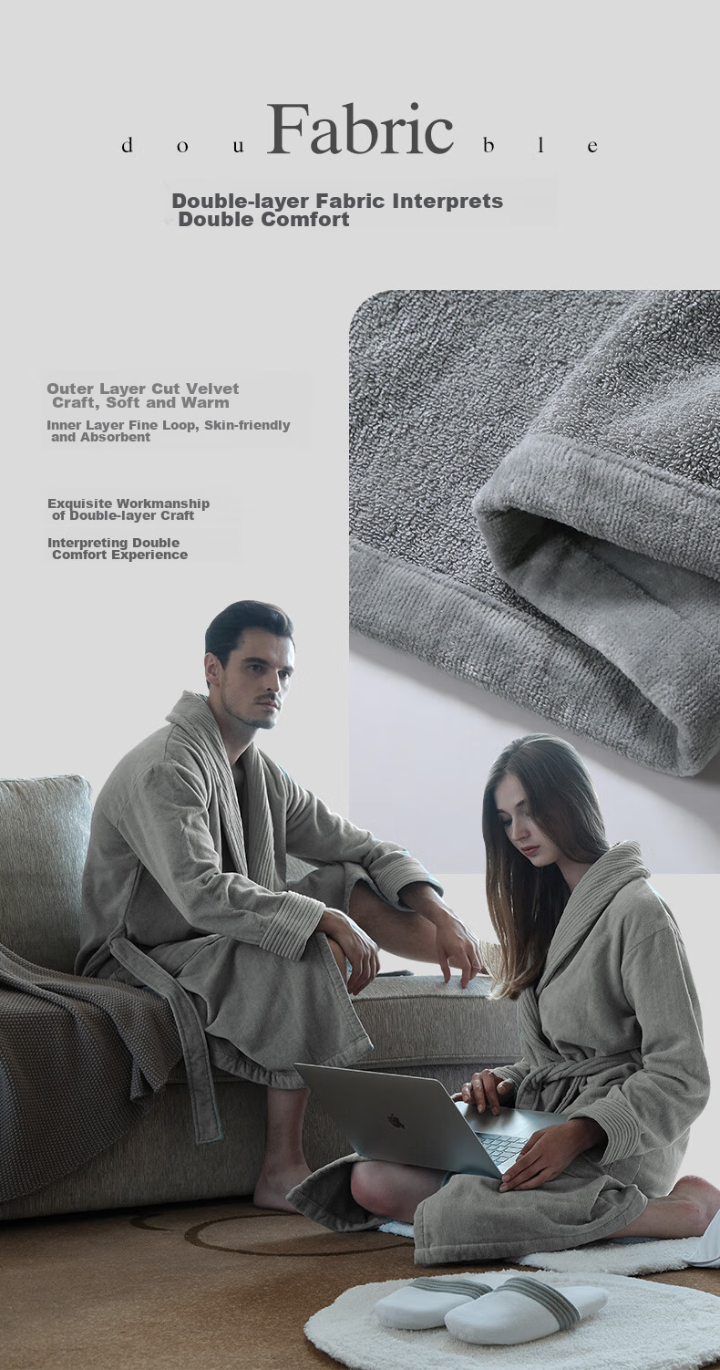 Canasin Five-Star Hotel Pure Cotton Bathrobe, All-Cotton Absorbent Couple Adult Bathrobe Sleepwear Long Style, Elegant Gray, M 5
