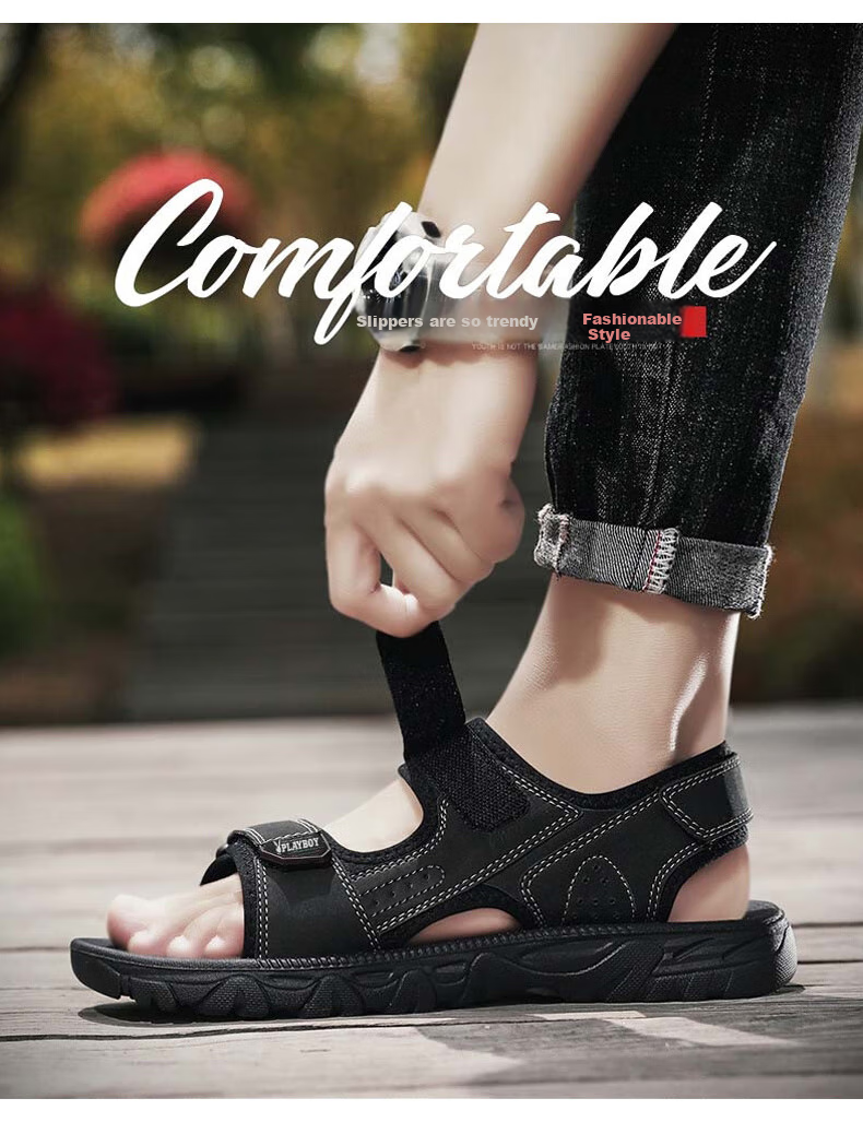 PLAYBOY Men's Sandals, Summer 2025 Breathable Beach Shoes, Korean-Style Perforated Shoes with Velcro Slippers, Black, Size 40 1