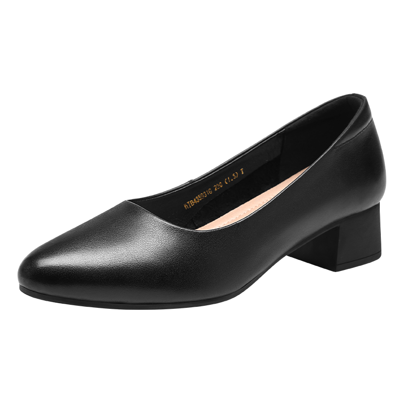 Red Dragonfly Women's Low-Cut Chunky Heel Slip-On Mid Heel Slimming Leather Shoes WTB435931G Black Size 36