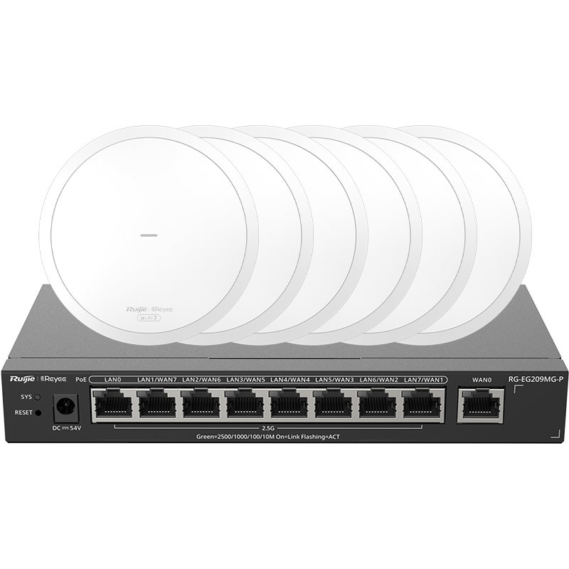 Ruijie WiFi7 2.5G Wireless AP Ceiling Set, 3600M, 1-To Whole House Router AC+AP Networking, Large Apartment, RG-EG209MG + RG-EAP272(MG)*6