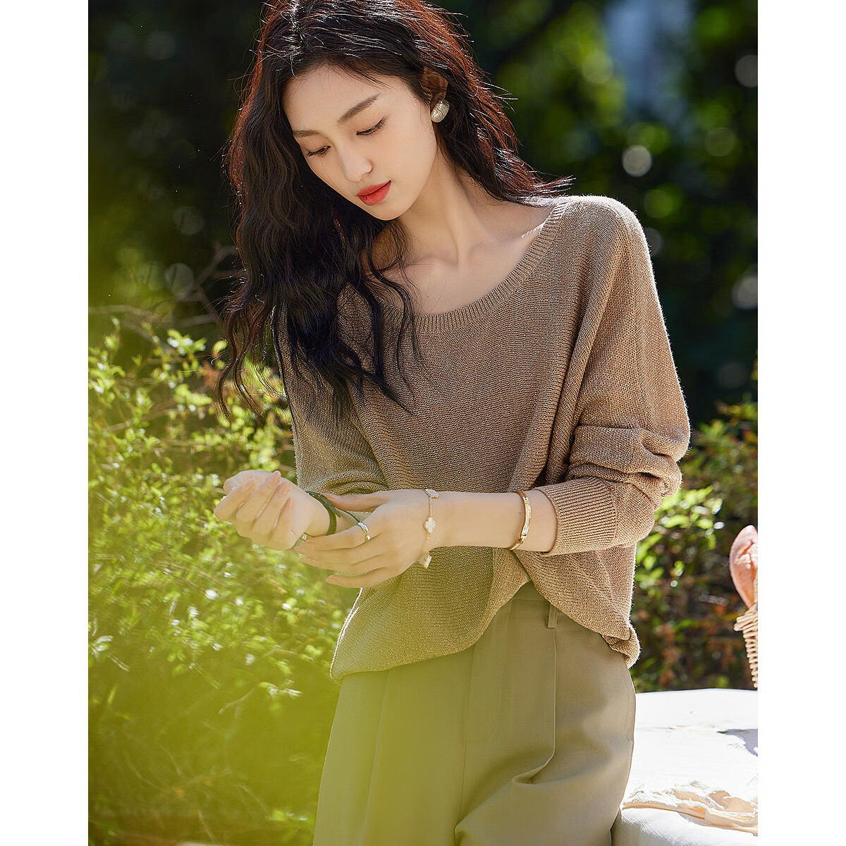 Dme [Jinsimian Sha] Spring And Autumn Light Mature Retro Style Ribbed Round Neck Sweater, Batwing Sleeve, Concealing Knit Sweater, Women's Top