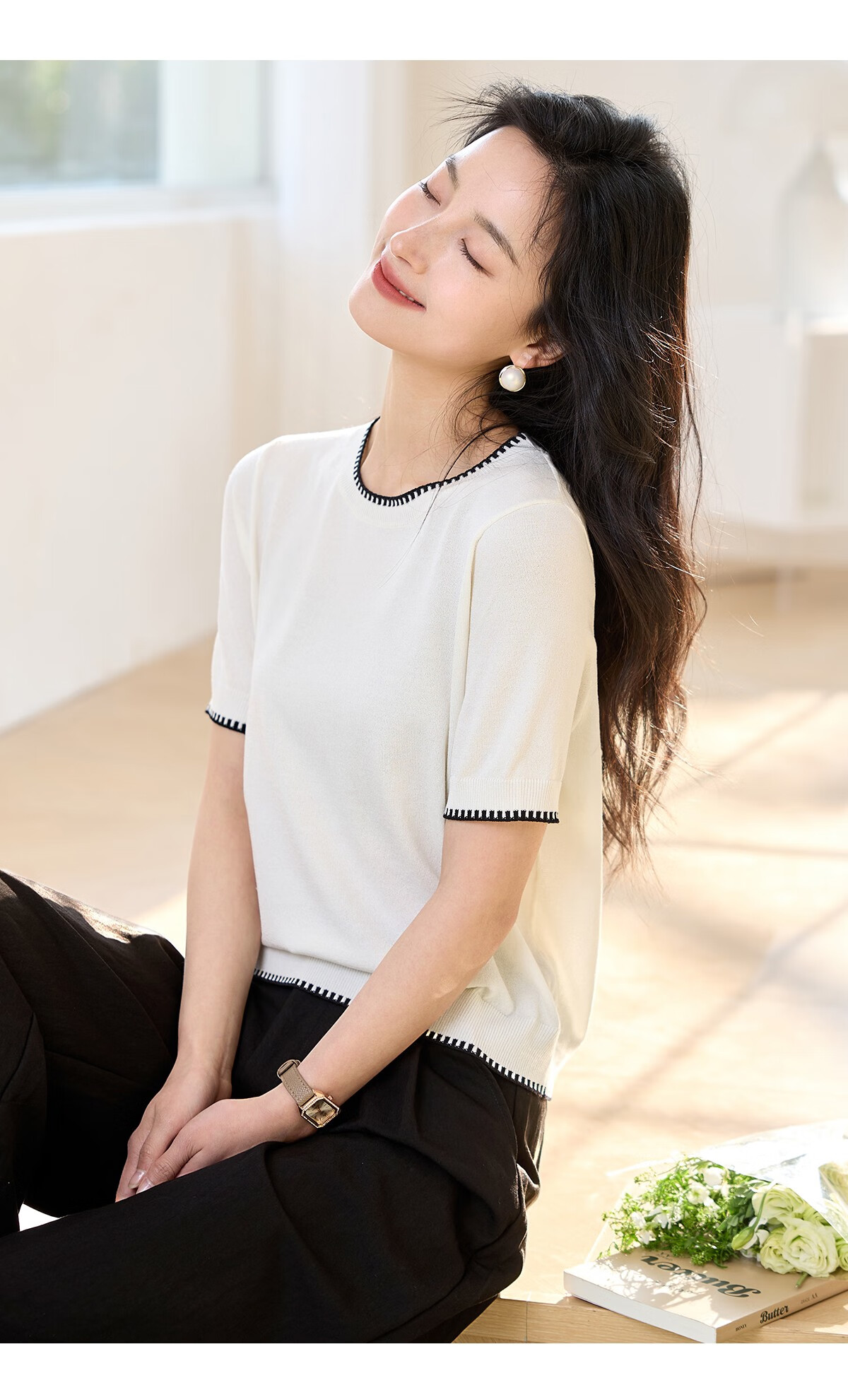 Chushen Summer Knitted Short-Sleeve T-Shirt for Women, Fashionable Round Neck Contrasting Color Design, Simple And Elegant Knitted Top Base Shirt S52T025 26