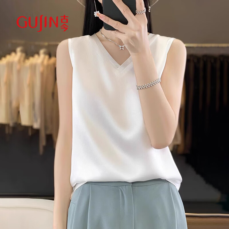 GUJIN Double V-Neck Premium Ice Silk Camisole Women's Innerwear Suit Base Layer Faux Silk Satin Tank Top Spring