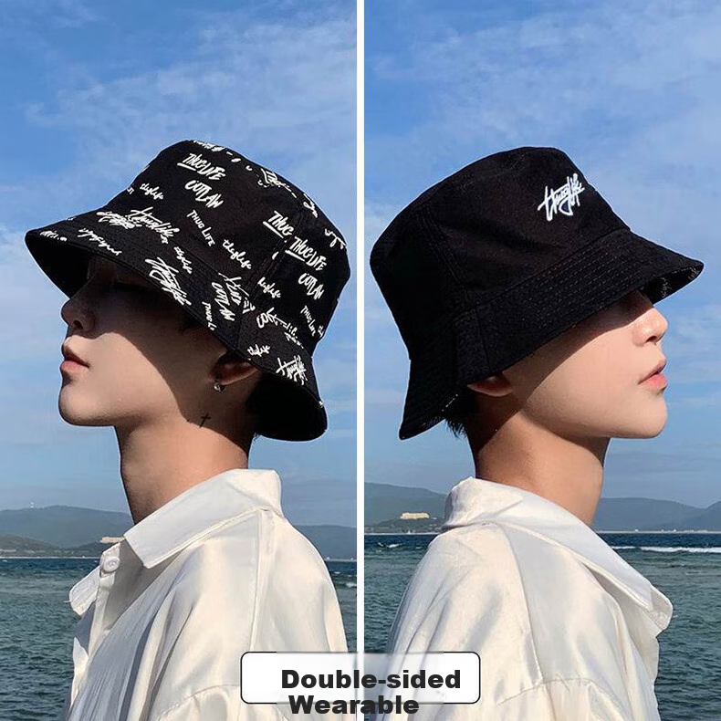 XUEXIMAN Fisherman Hat for Men, Reversible Graffiti Cap, Sun Hat, Korean Style Versatile Sun Protection Student Bucket Hat 1