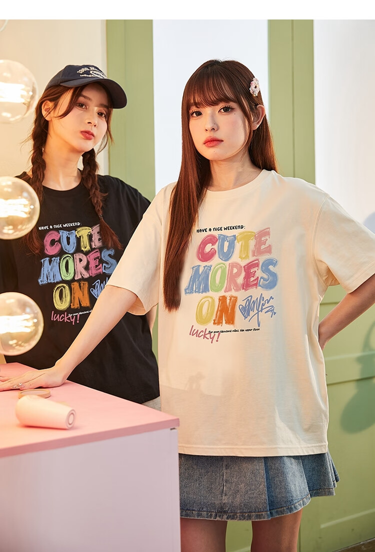 TonLion 2025 Women's Crew Neck Graffiti Text Cotton Short Sleeve T-Shirt Apricot Batch S 13