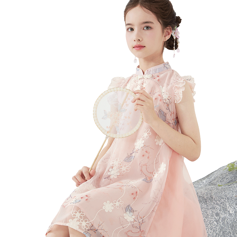 Disney Girls' Dress, Children's Dress, Chinese-Style Hanfu, Summer New Chinese-Style Princess Dress for Older Children, DQ080 Pink 160