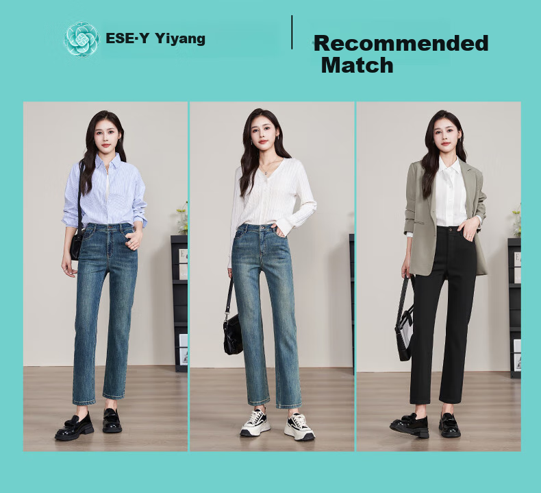 ESE-Y Straight-Leg Jeans for Women, New Spring 2025 Style, Elastic Slimming for Petite Figures, Vintage Blue, Size 30 15