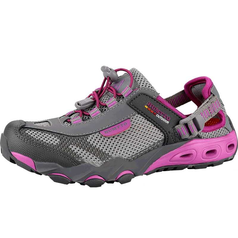 HUMTTO Summer River Tracing Shoes, Breathable Quick-Drying Outdoor Water Shoes, Comfortable Shock-Absorbing Hiking Shoes for Women, Gray/pink Purple, Size 36