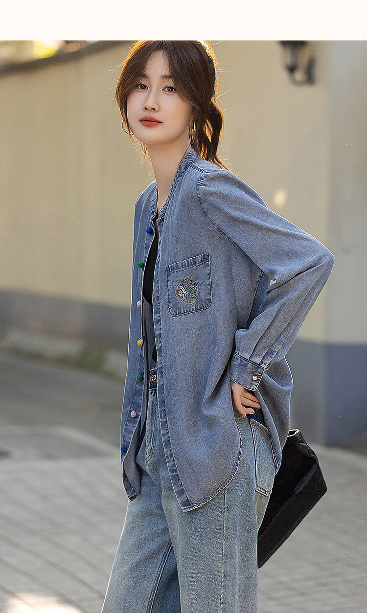 Dme [100% Lyocell Fiber] Spring Light Luxury Chinese Style Embroidered Shirt, Stand-Up Collar, Colorful Button Blouse, Women's Top 12