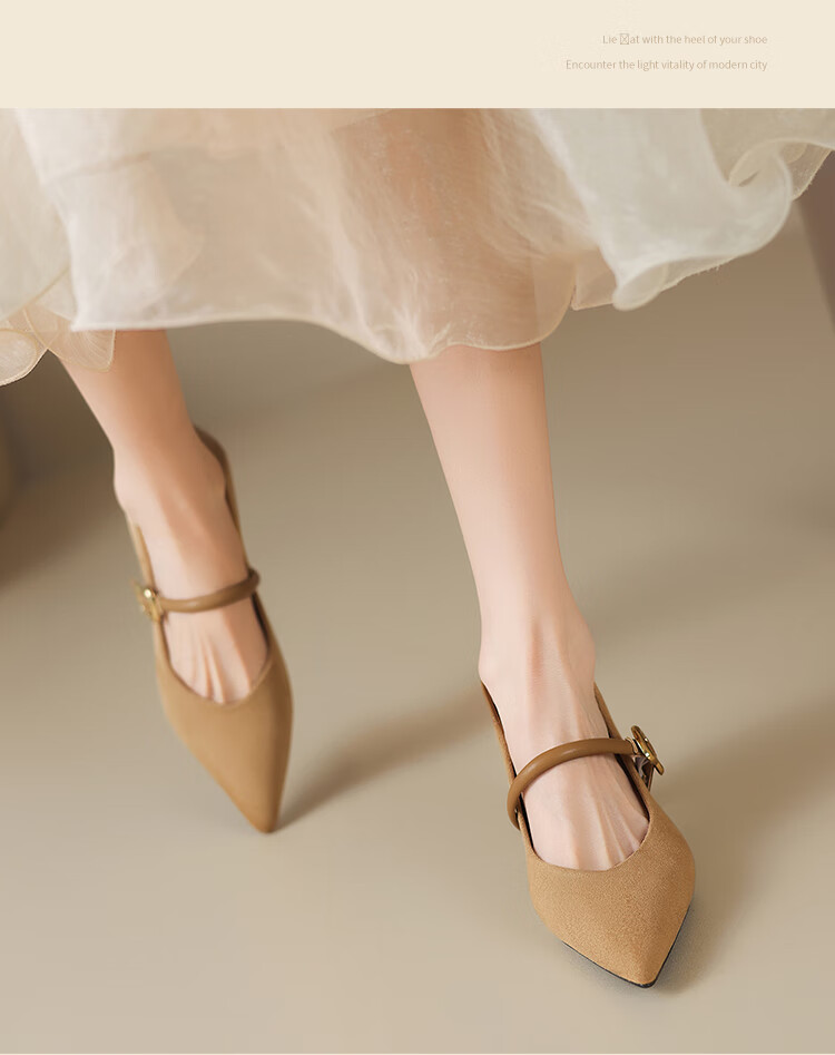 ZHR Zese Mary Jane Women's Pointed Toe Summer Single Shoes Shallow Mouth Chunky Heel One-strap Shoes BL379F Beige 37 12