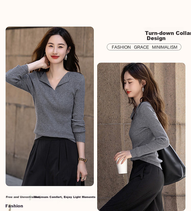 Dme [French Workplace OOTD] Summer Cloud-Feel Lightweight Lapel Sweater, Simple Style Long-Sleeve Knit Top for Wome 5