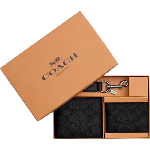 COACH Men's Short Wallet Card Holder Keychain Gift Box Gray Black CW344